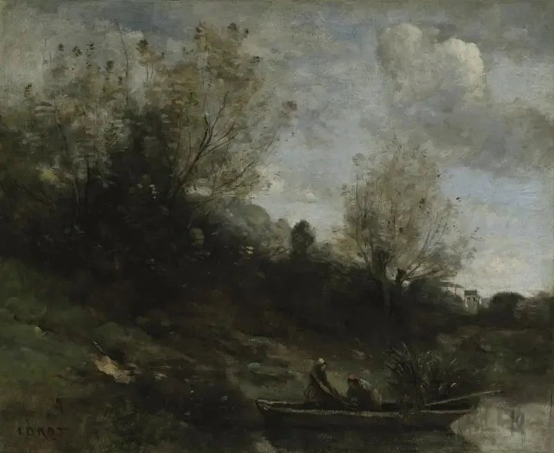 Fishermen in a Boat by the Riverbank - Jean-Baptiste Camille Corot