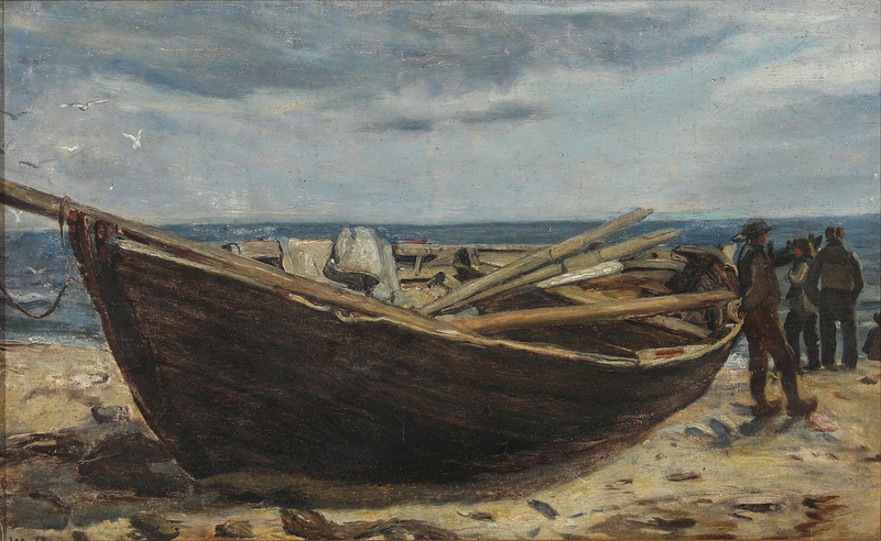 Fishermen and a boat on Skagen beach. - Michael Peter Ancher