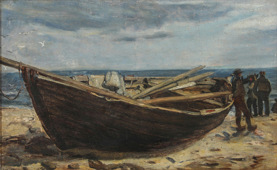 Fishermen and a boat on Skagen beach. - Michael Peter Ancher