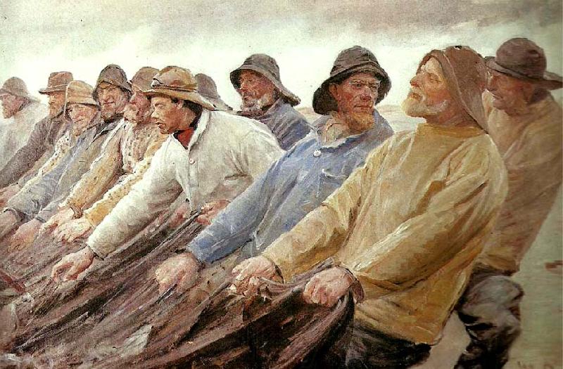 Fishermen pulling a seine net in Skagen - Michael Peter Ancher