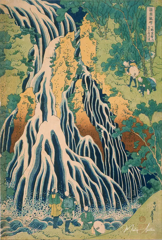 Pèlerins à la cascade Kirifuri sur le Mont Kurokami dans la région de Shimotsuke - Katsushika Hokusai - Reproductions de tableaux et peintures haut de gamme