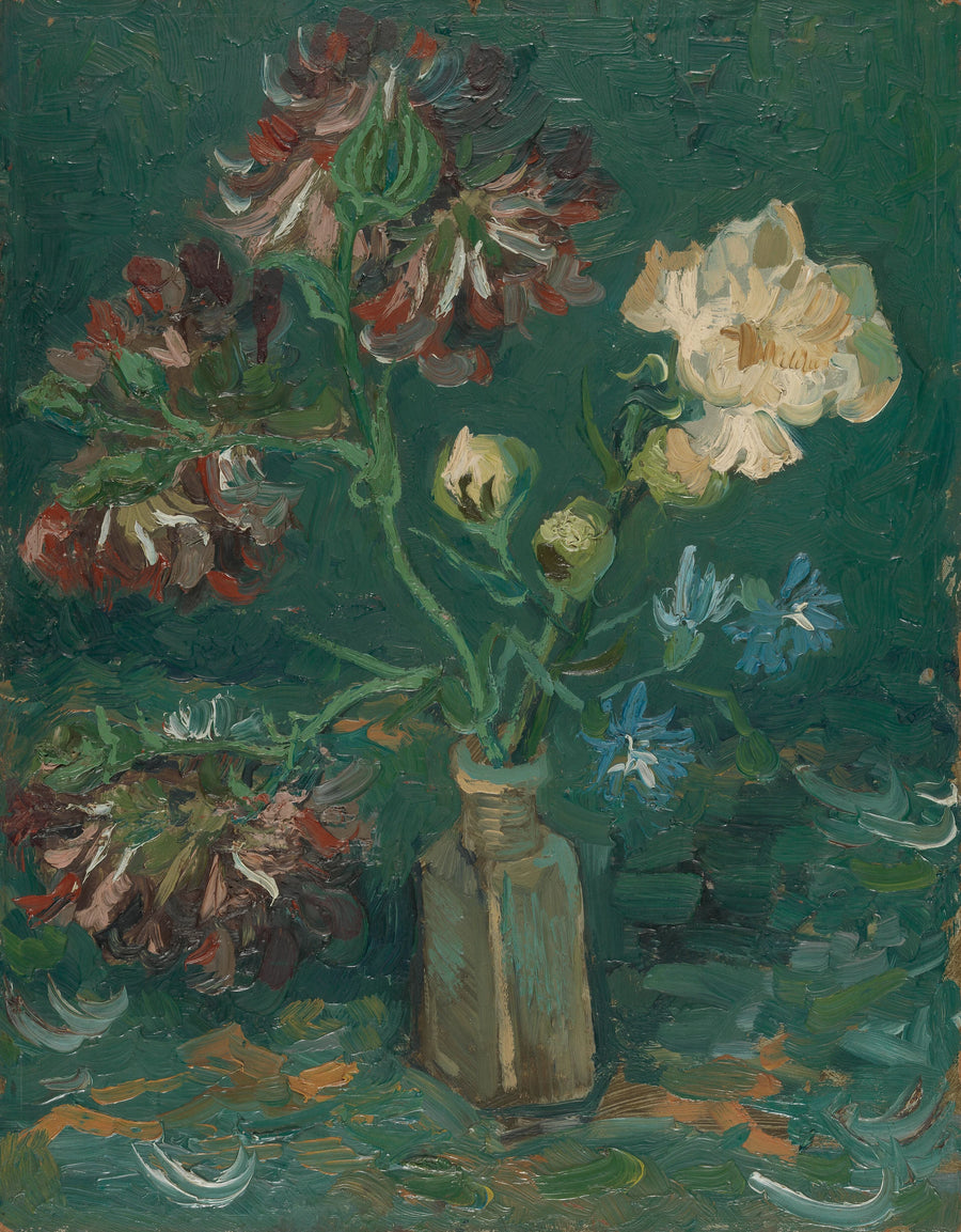 Small bottle with peonies and blue delphiniums - Vincent van Gogh