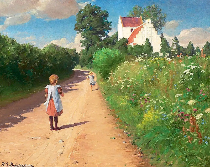 Little girls playing in front of the church of Brændekilde by a warm summer day. - H. A. Brendekilde