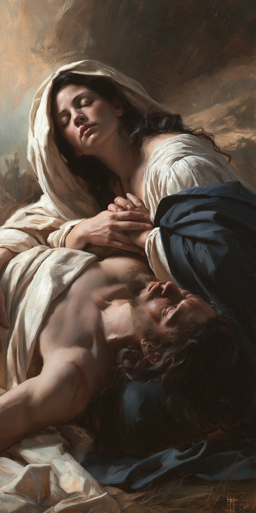 Pietà classique verticale en gris et bleu — Peinture à l’huile sur commande