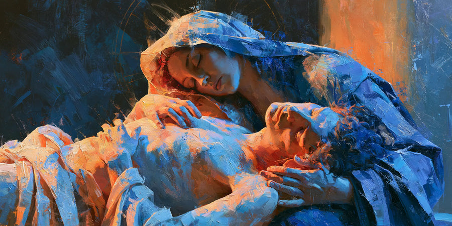 Pietà horizontale en bleu cobalt et orange, Marie penchée sur le Christ dans une matière picturale gestuelle