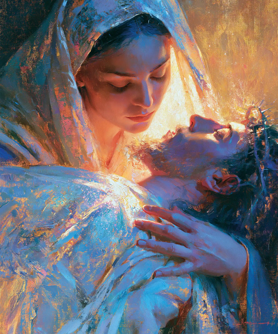 Pietà verticale lumineuse bleue et blanche — Huile sur toile sur commande