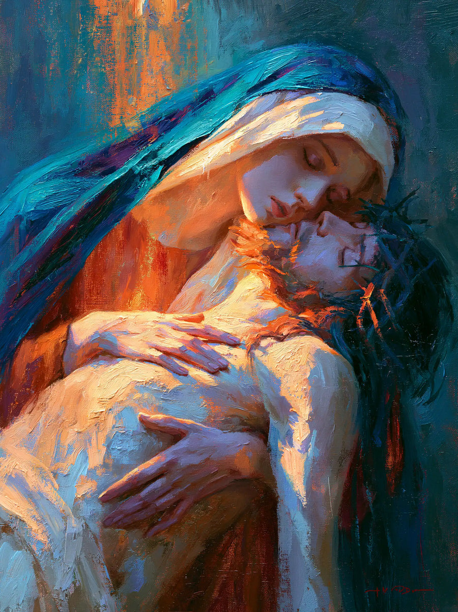 Pietà verticale turquoise et orange en étreinte — Huile sur toile sur commande