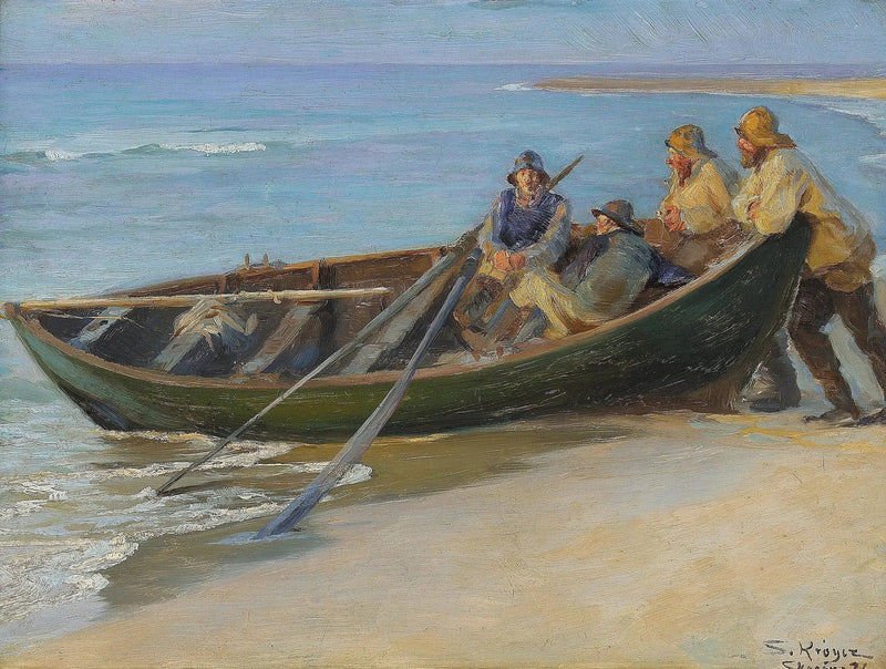 North Beach of Skagen. A green boat at the water's edge. Two fishermen sitting in the boat, leaning on the gunwales. Inside, a gaff and two oars. - Peder Severin Krøyer