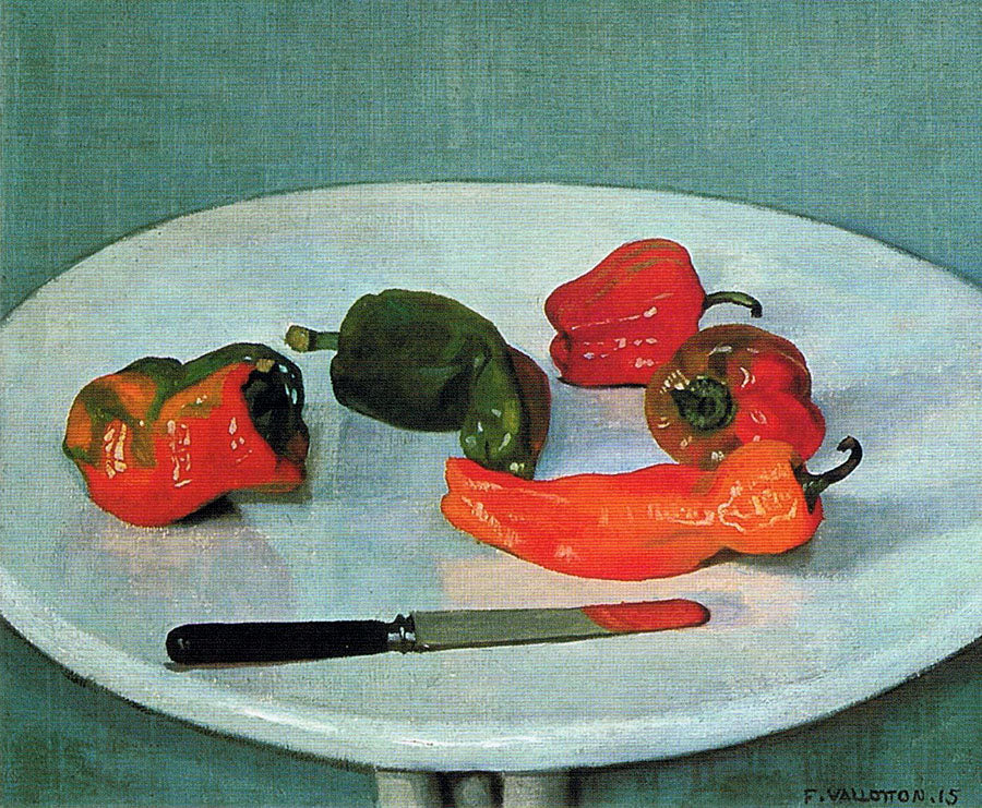 Red peppers on a round table, lacquered white - Félix Vallotton