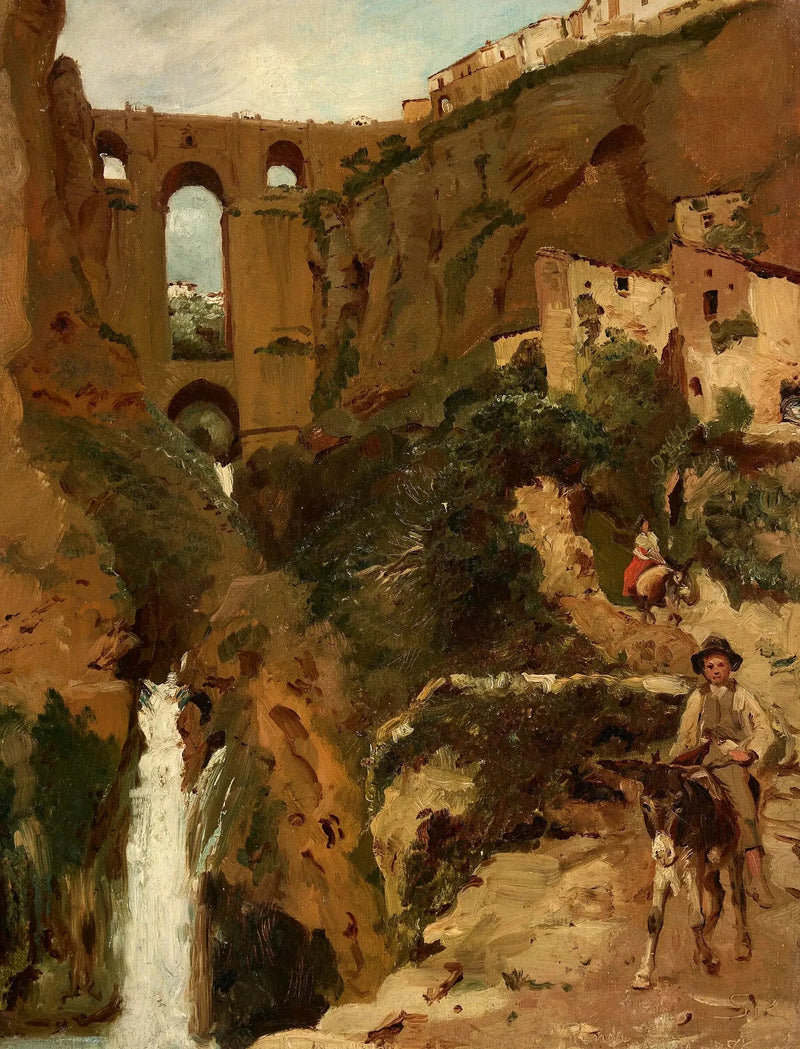 Bridge overlooking a rocky gorge. Two riders. Ronda, Spain. - Peder Severin Krøyer