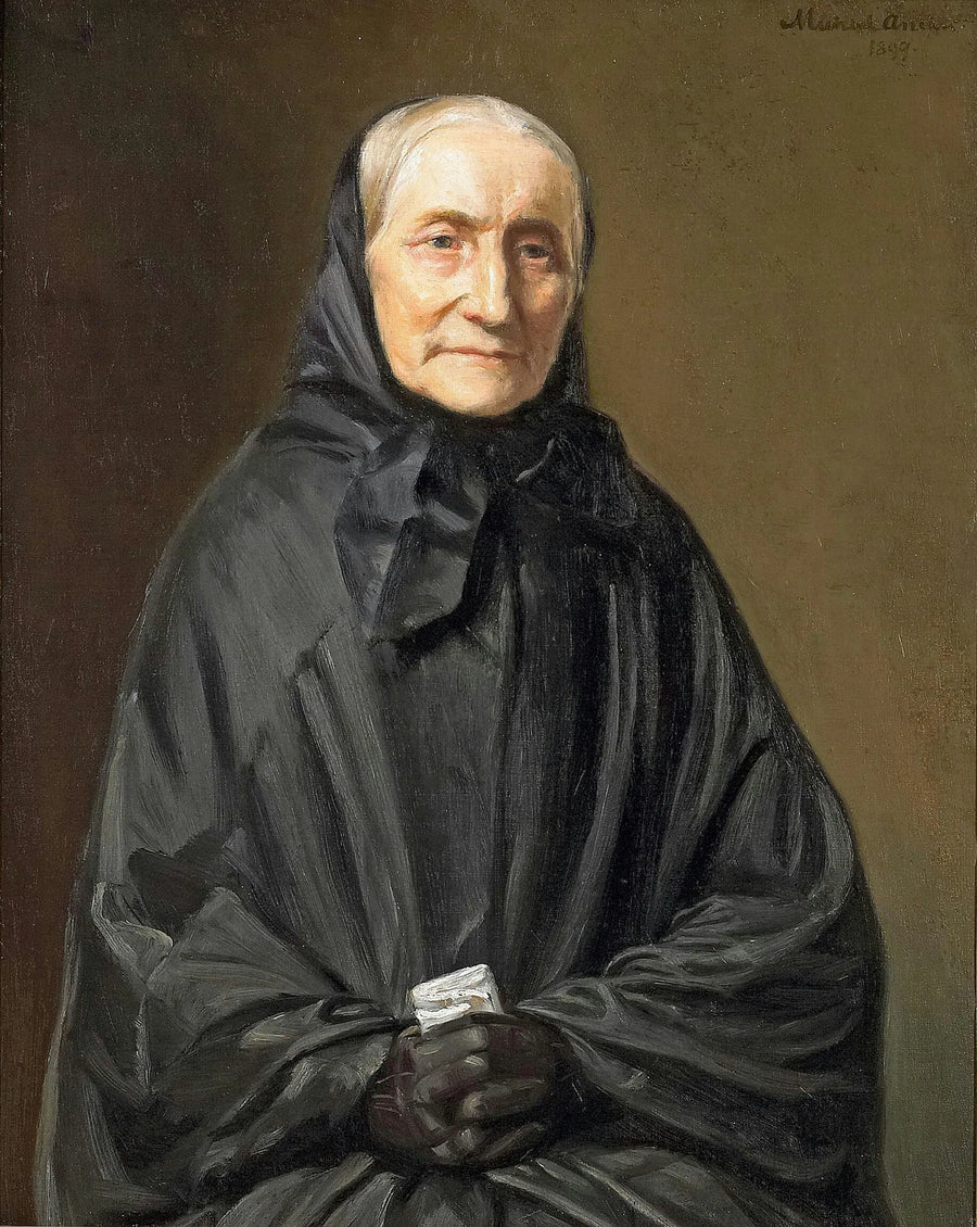 Portrait of Ane Hedvig Brøndum in black dress, sitting with folded hands. -Michael Peter Ancher