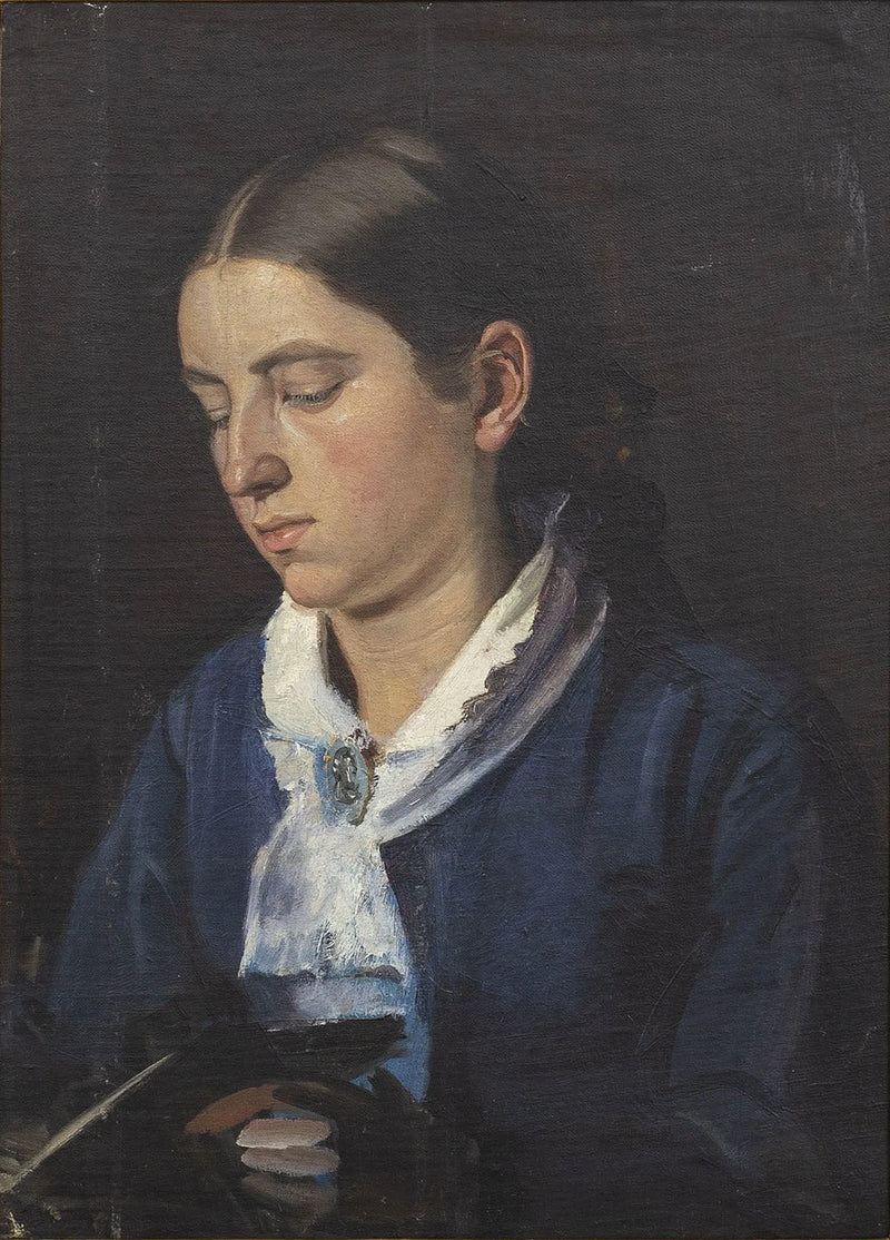Portrait of Anna Brøndum in a blue dress, reading. -Michael Peter Ancher