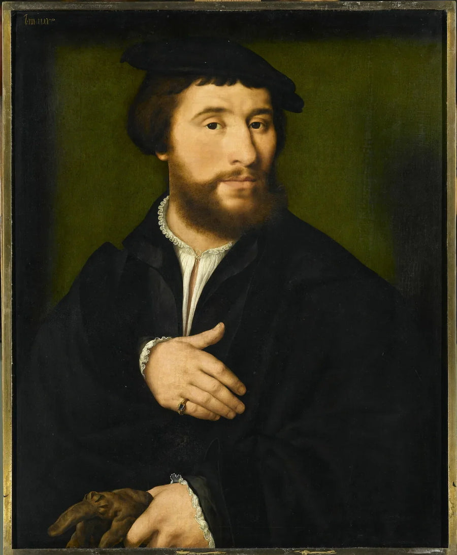 Portrait of a man dressed in black and holding his gloves in one hand - Joos van Cleve