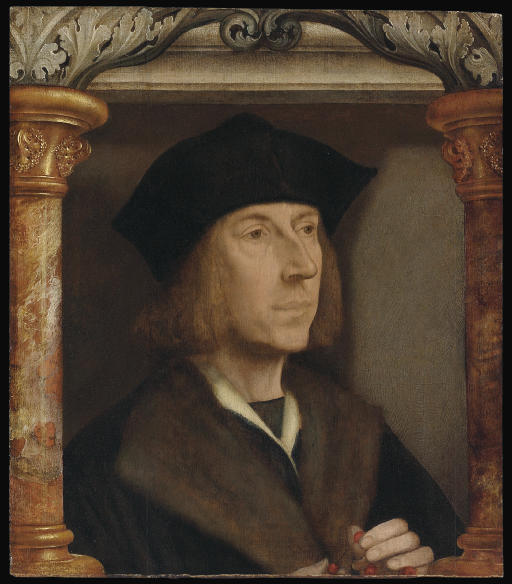 Portrait of a man, en bust, dressed in a coat doublé de fourrure, récitant un chapelet, dans un cadre architectural - Quentin Metsys