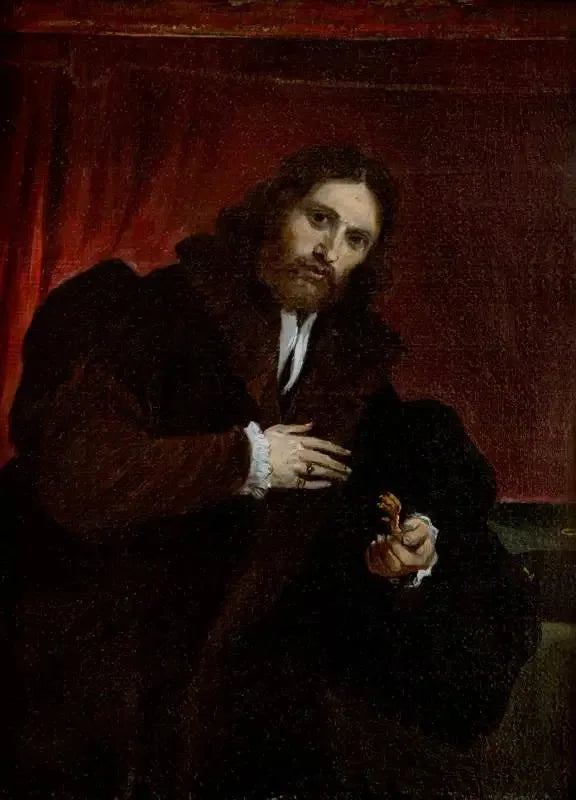 Portrait of a man in a fur coat holding a lion's claw (after Lorenzo Lotto) - David Teniers the Younger