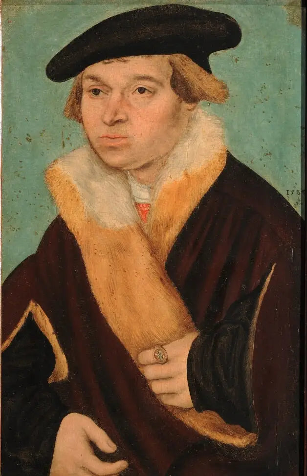 Portrait of a young man with a close-shaved face in a fur-lined coat light - Lucas Cranach the Elder