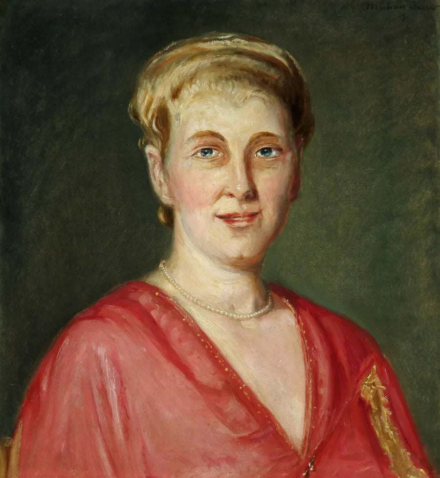 Portrait of a blonde woman in a red dress. - Michael Peter Ancher