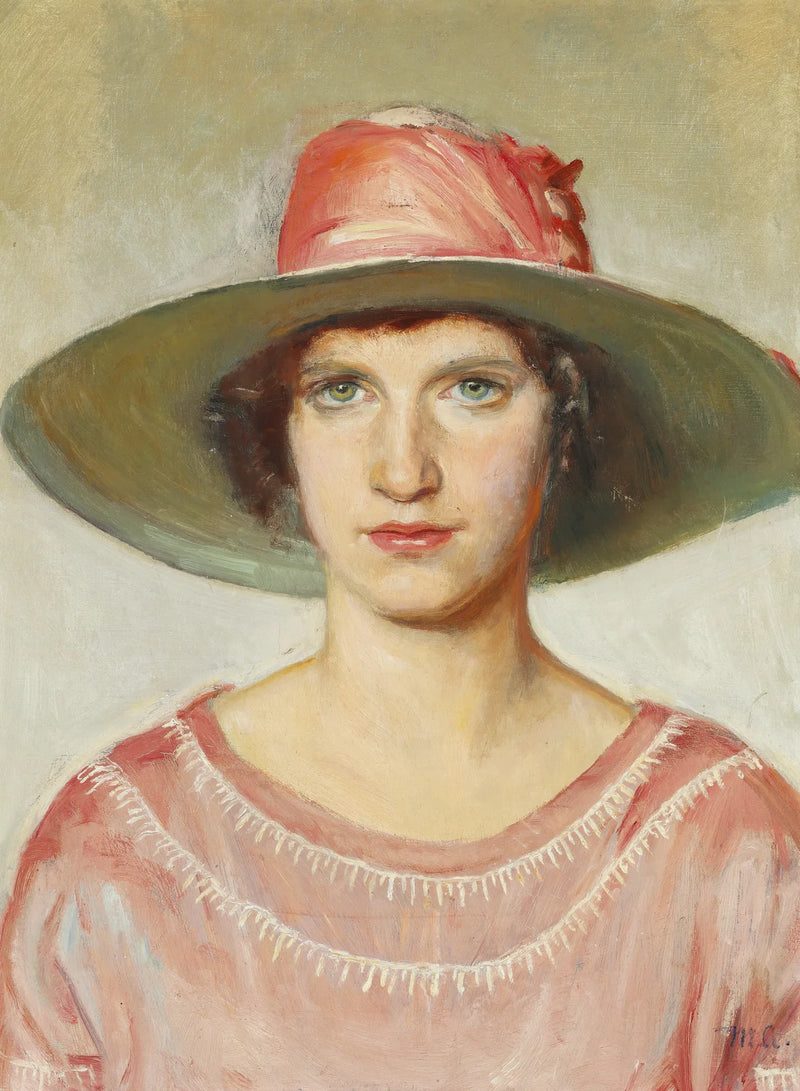 Portrait of a girl in a pink dress and straw hat adorned with a pink ribbon - Michael Peter Ancher