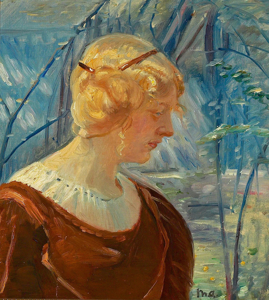 Portrait of a young blonde woman in a garden. - Michael Peter Ancher