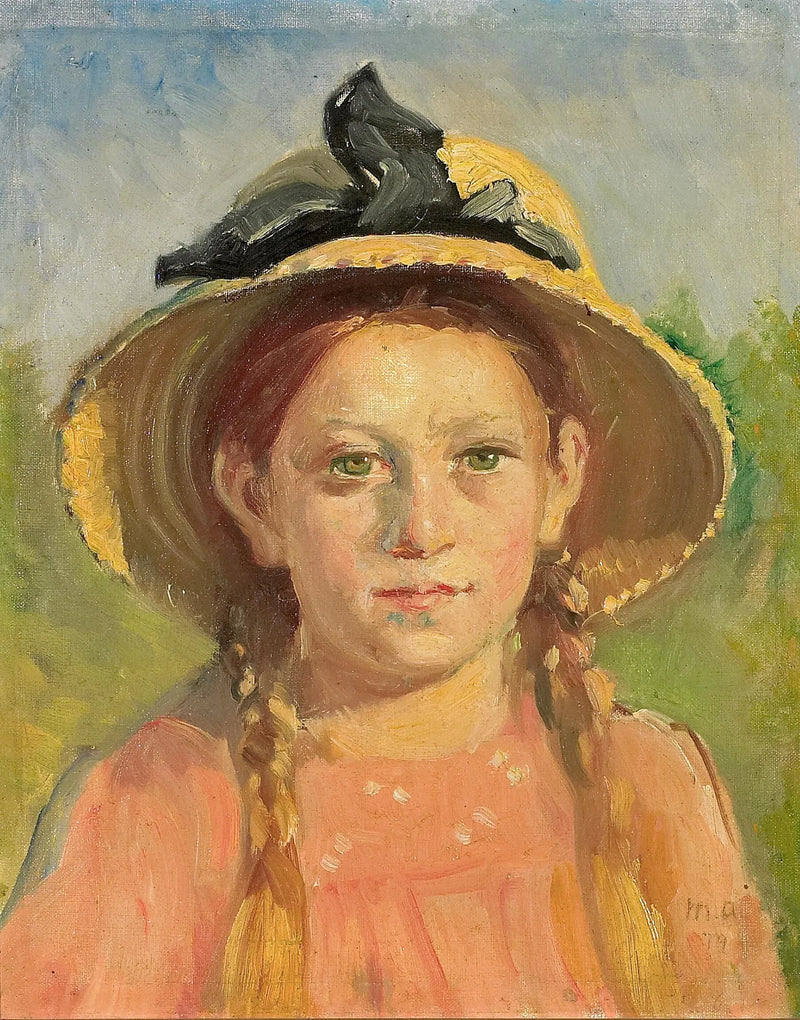 Portrait of a young girl with braided hair and wearing a straw hat adorned with a blue ribbon. - Michael Peter Ancher