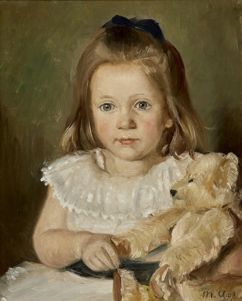 Portrait of a little girl with her teddy bear. - Michael Peter Ancher