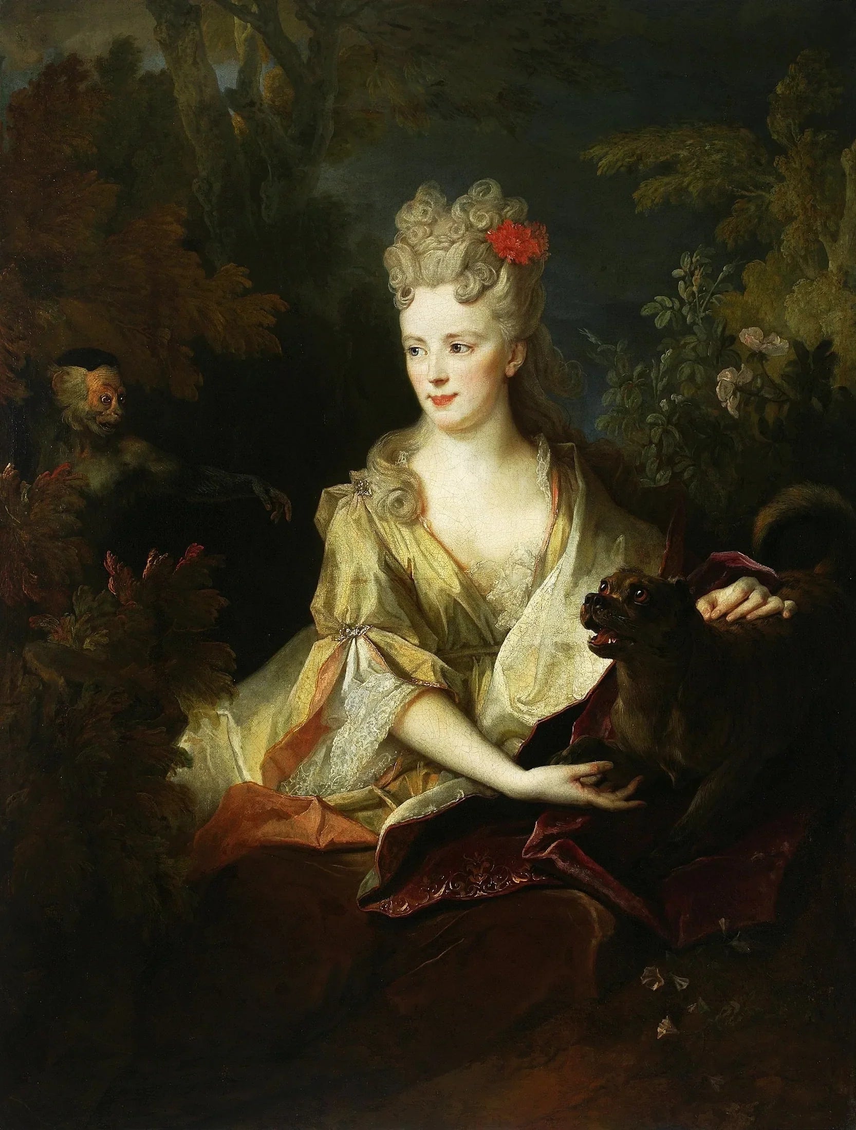 Portrait de dame avec chien et singe - Nicolas de Largillière image 1 copie peinte à la main à l’huile