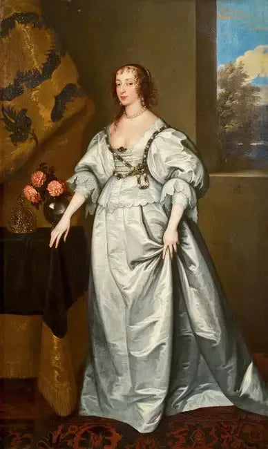 Portrait of Queen Henriette Marie Standing Full-Length in a White Satin Dress - Antoine van Dyck