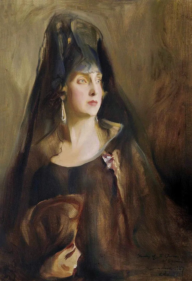 Portrait of Queen Victoria Eugenie of Spain (1887-1969), bust-length, wearing a simple sleeveless black dress, the Order of Queen Marie-Louise on a purple and white ribbon pinned to her dress, holding a fan in her right hand - Philip de László
