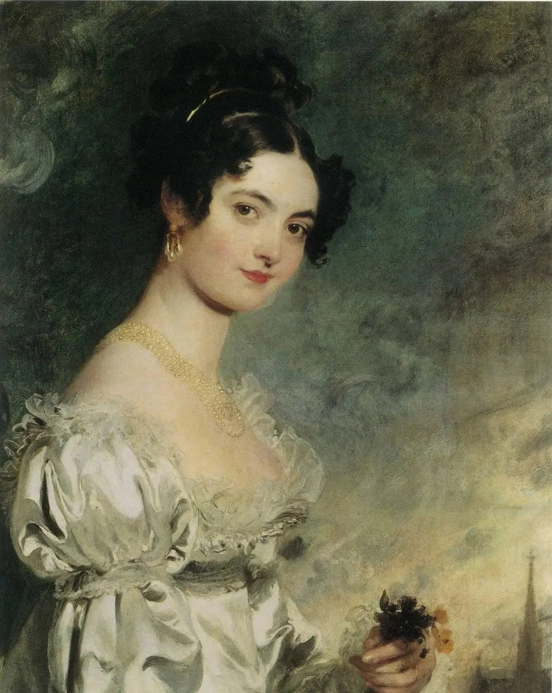 Portrait of Lady Selina Meade (1797–1872), half-length, in an ivory satin dress, with the spire of Saint-Étienne Cathedral in Vienna, beyond - Thomas Lawrence