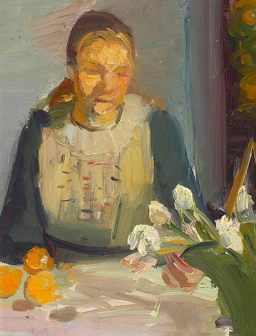 Portrait of Maren Brems seated at a sunny table with white and pink tulips in a green vase. - Anna Ancher