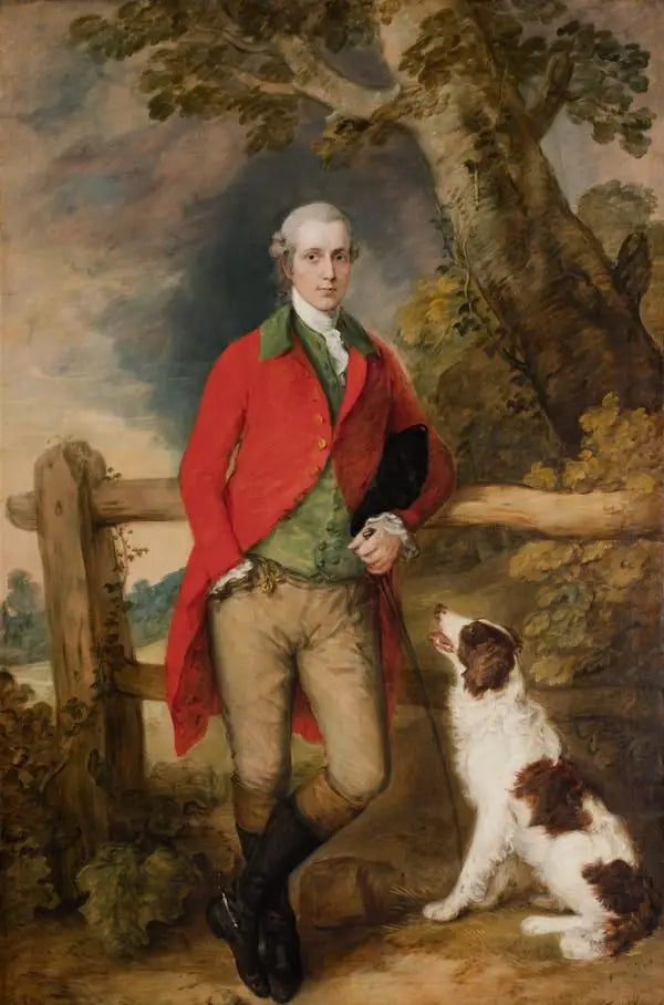 Portrait of Robert Thistlethwayte de Norman Court, standing full-length, dressed in a red coat, a green waistcoat, and chamois breeches, holding a canteen, leaning against a fence, a spaniel at his side - Thomas Gainsborough