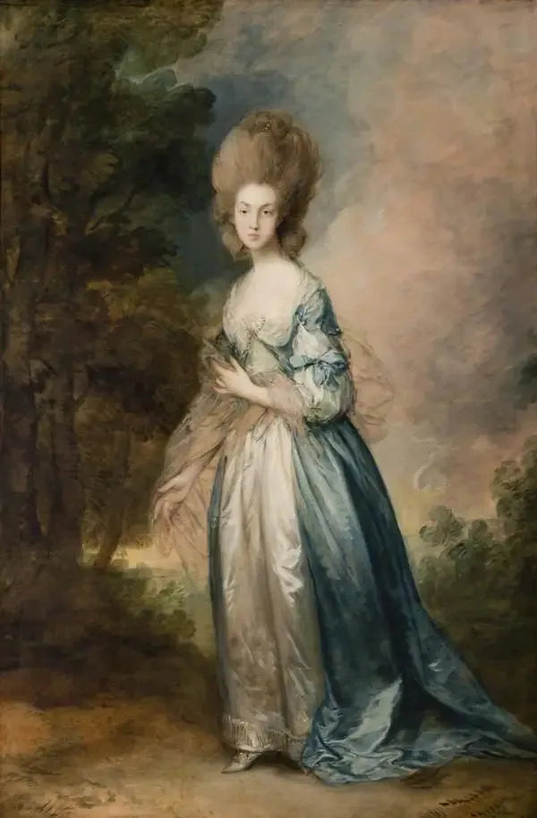 Portrait of Selina Thistlethwayte of the Norman court, standing in a blue and white dress - Thomas Gainsborough