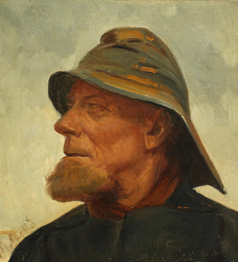 Portrait of fisherman Jens Diget wearing an oilskin. -Michael Peter Ancher
