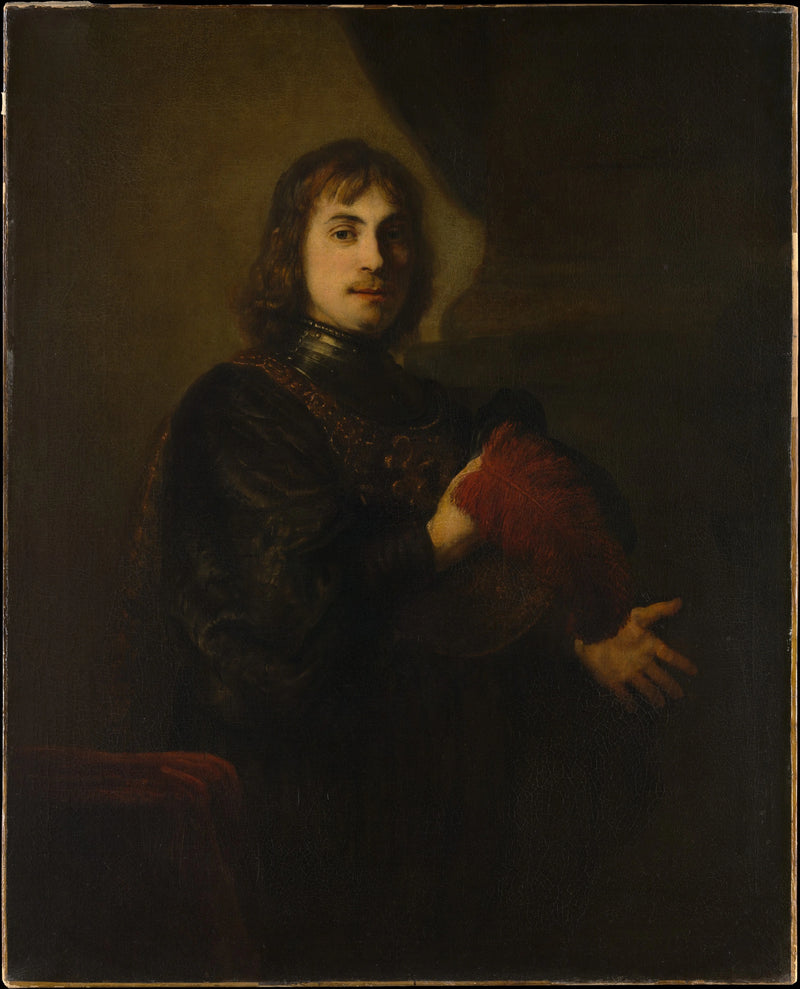 Portrait of a man with a breastplate and a feathered hat - Rembrandt