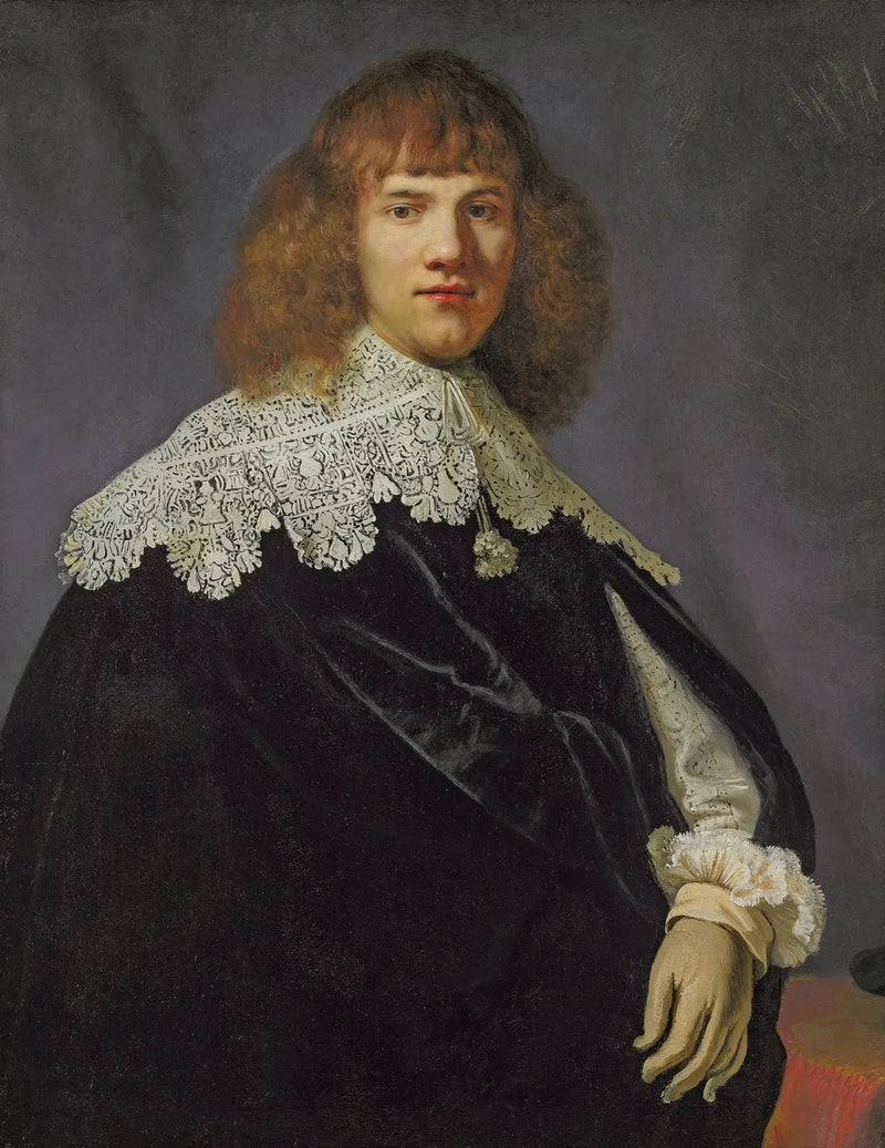 Portrait of a gentleman, half-length, dressed in a black velvet coat with a lace collar and cuffs - Rembrandt