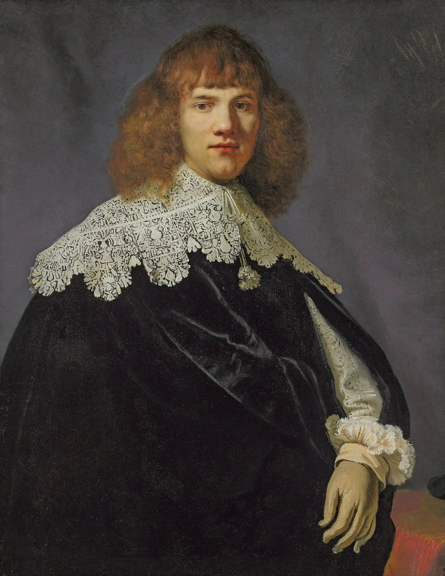 Portrait of a gentleman, half-length, dressed in a black velvet coat with a lace collar and cuffs - Rembrandt