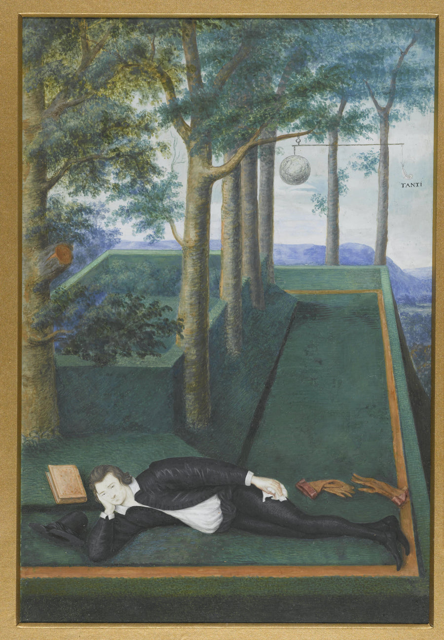 Portrait d'un noble couché dans une cour envahie par la végétation - Nicholas Hilliard