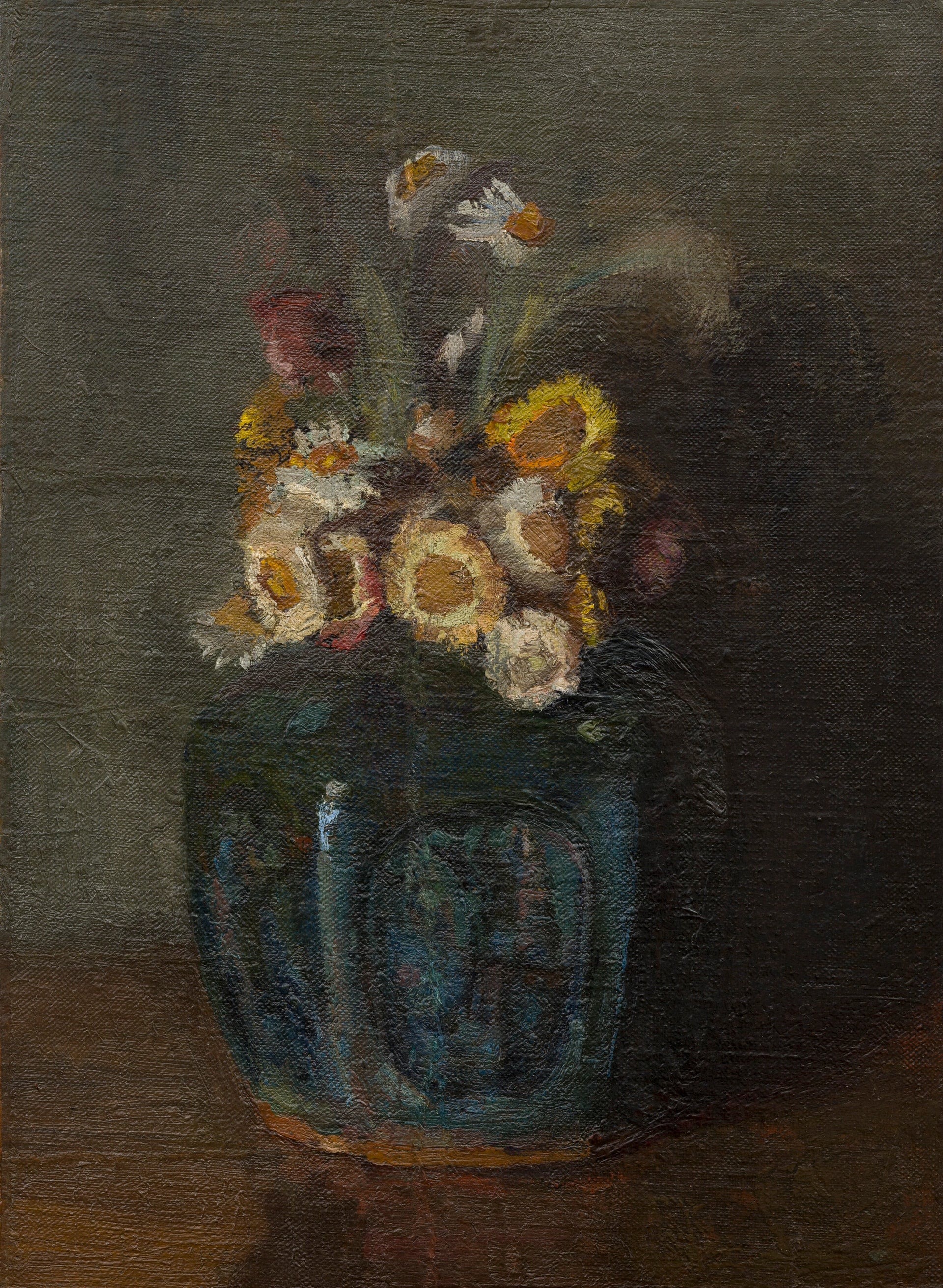Pot de gingembre aux chrysanthèmes F198 — fleurs jaunes et orange dans une jarre décorée par Vincent van Gogh