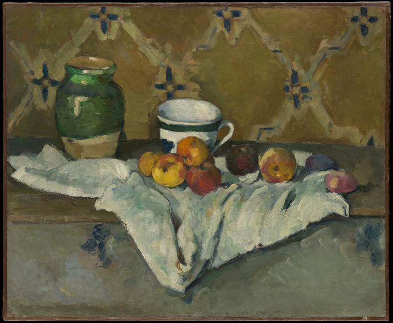 Pottery, cup and fruits on a white tablecloth - Paul Cézanne