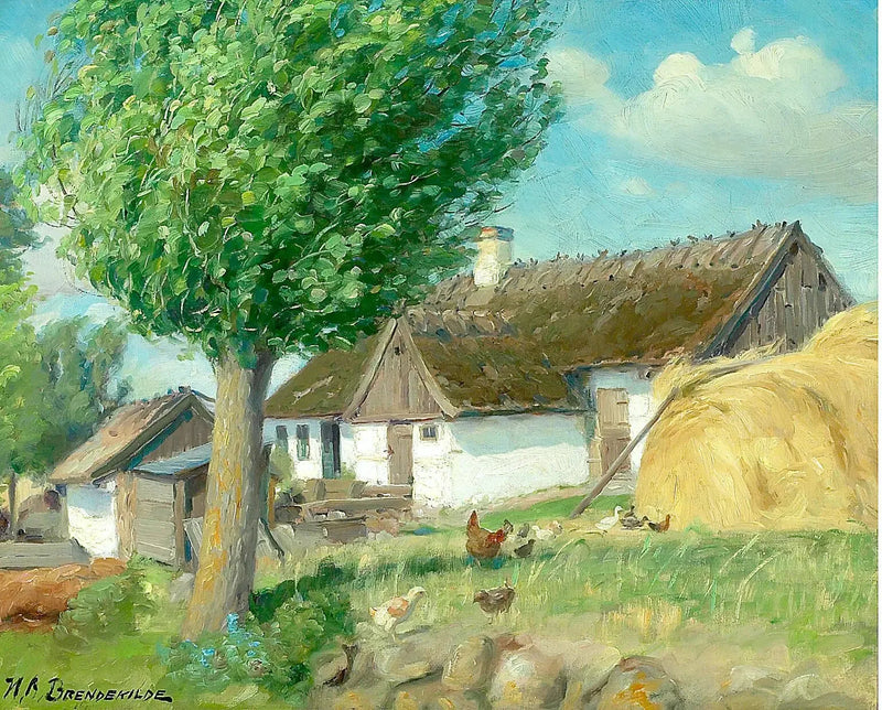 Chickens in front of a thatched roof farm. - H. A. Brendekilde