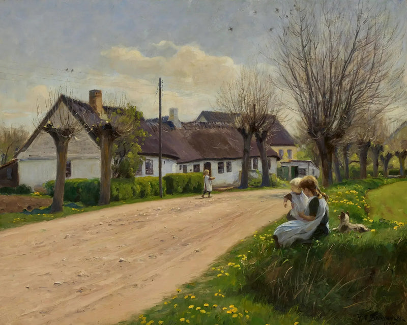 Spring in a village with girls by the side of the road. - H. A. Brendekilde