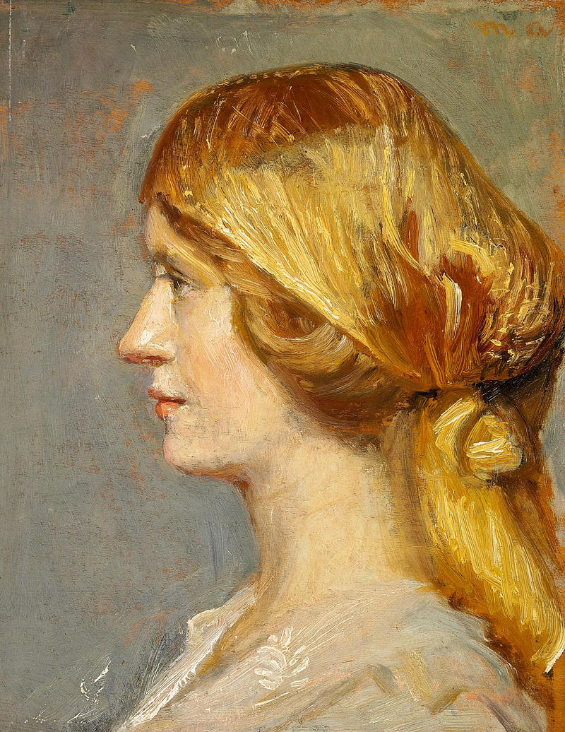 Profile of a young woman wearing a yellow headscarf. - Michael Peter Ancher