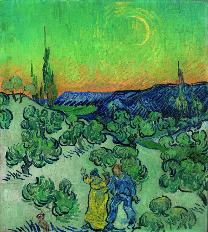 Landscape with a couple walking and a crescent moon - Vincent van Gogh