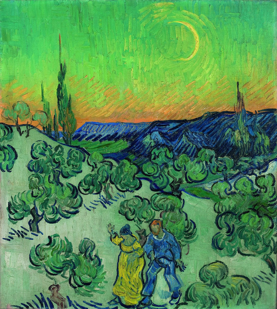 Landscape with a couple walking and a crescent moon - Vincent van Gogh