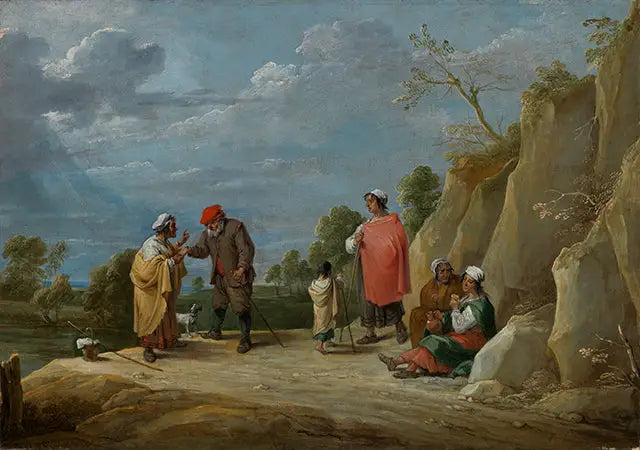 Four Gypsies with a Child, one of them predicting the good fortune to a peasant - David Teniers the Younger