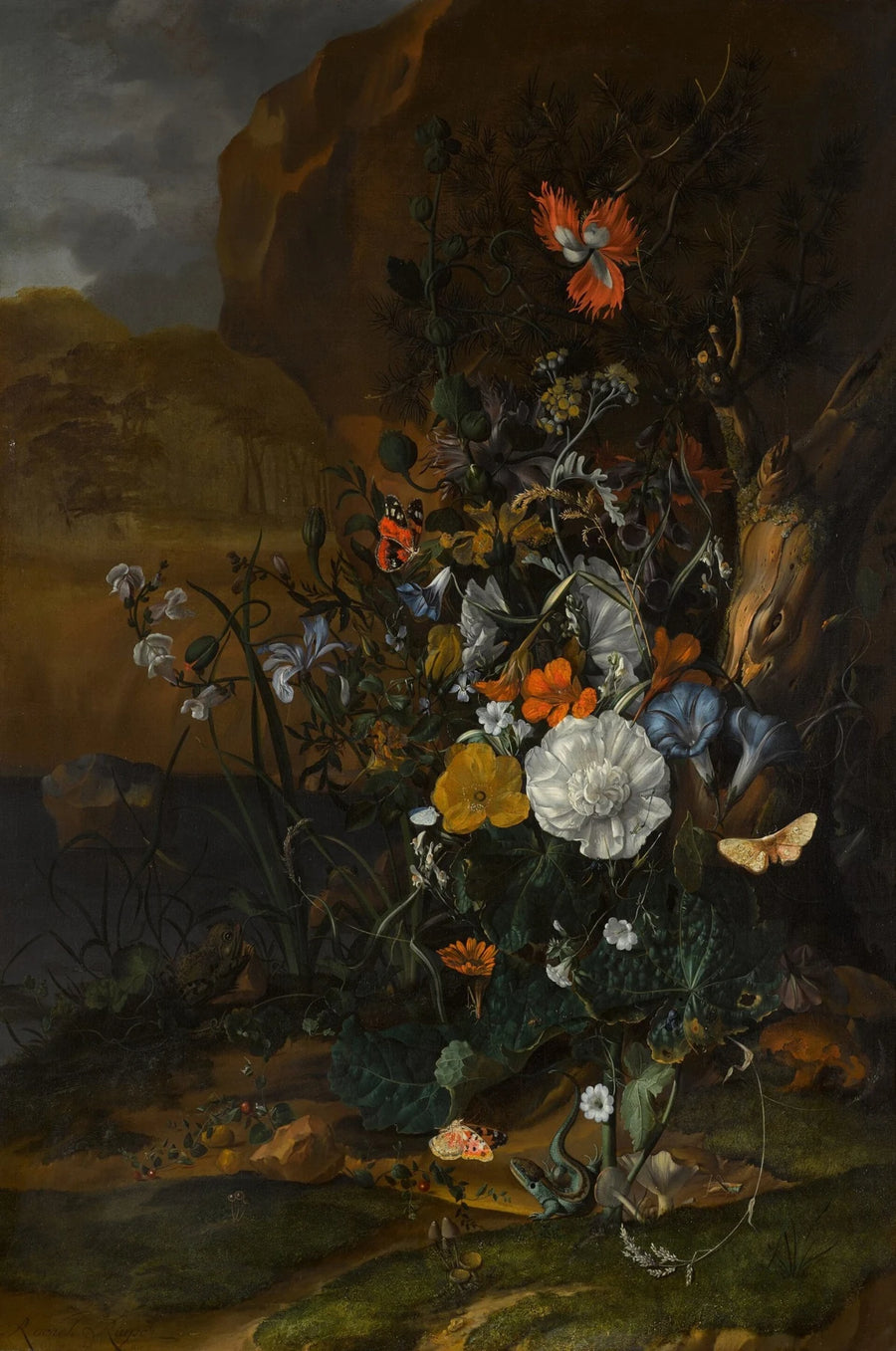 Fleurs, papillons, lézard et crapauds près d’un bassin - Rachel Ruysch