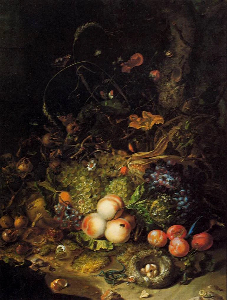 Fleurs, fruits et insectes — WGA 20554, peinture de Rachel Ruysch