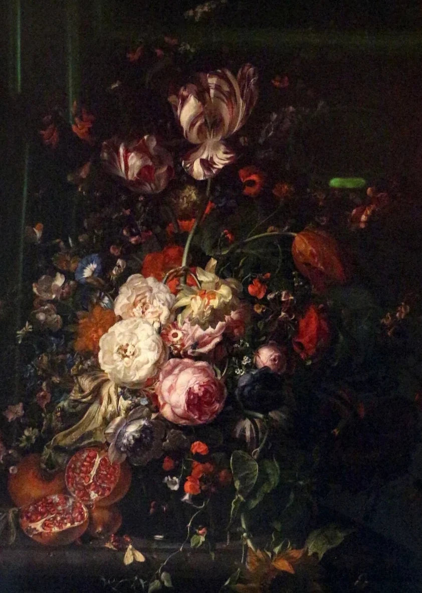 Bouquet de fleurs et grenades dans un vase, peinture de Rachel Ruysch