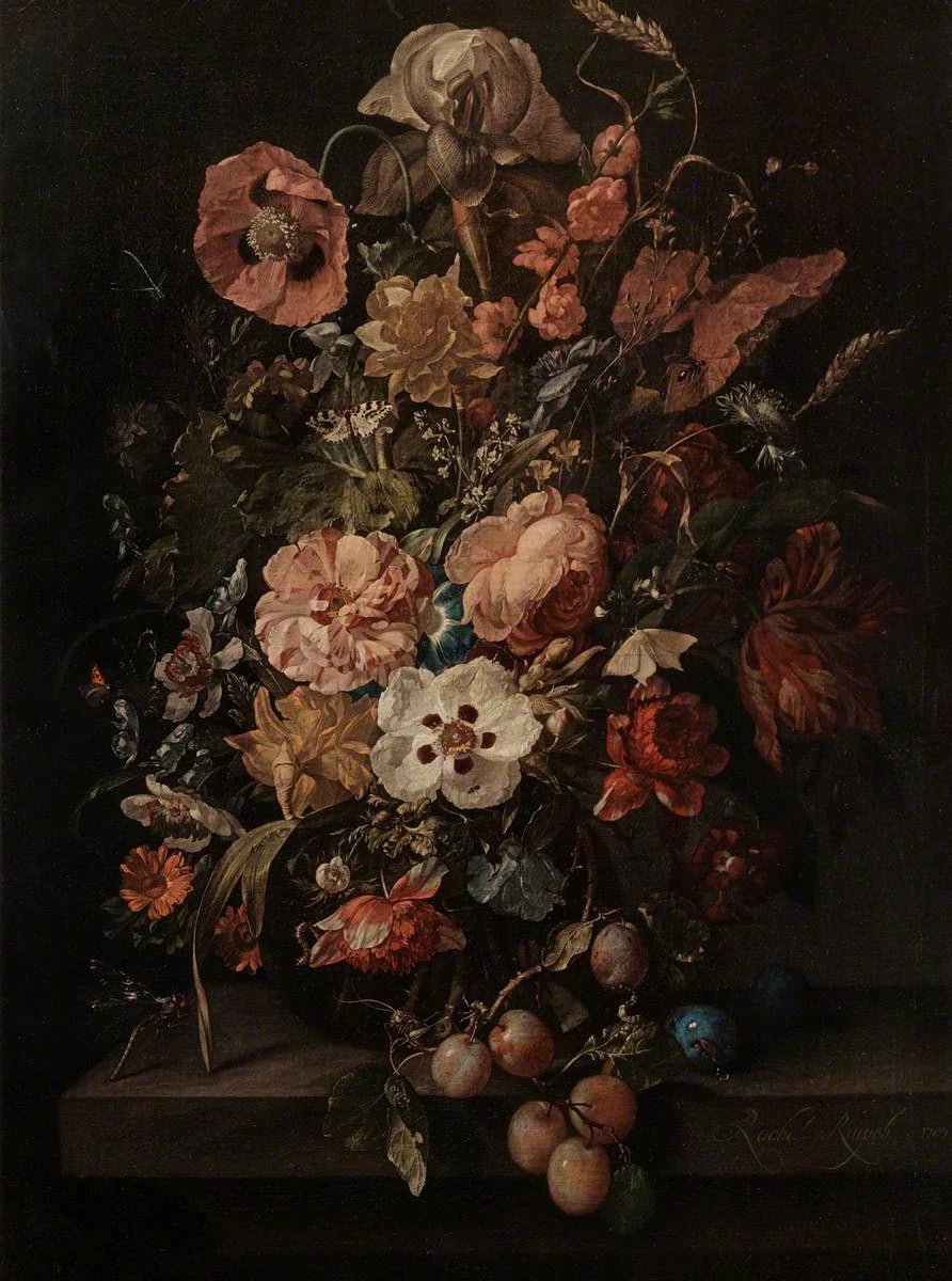 Fleurs et raisins — Llandudno Museum, peinture de Rachel Ruysch