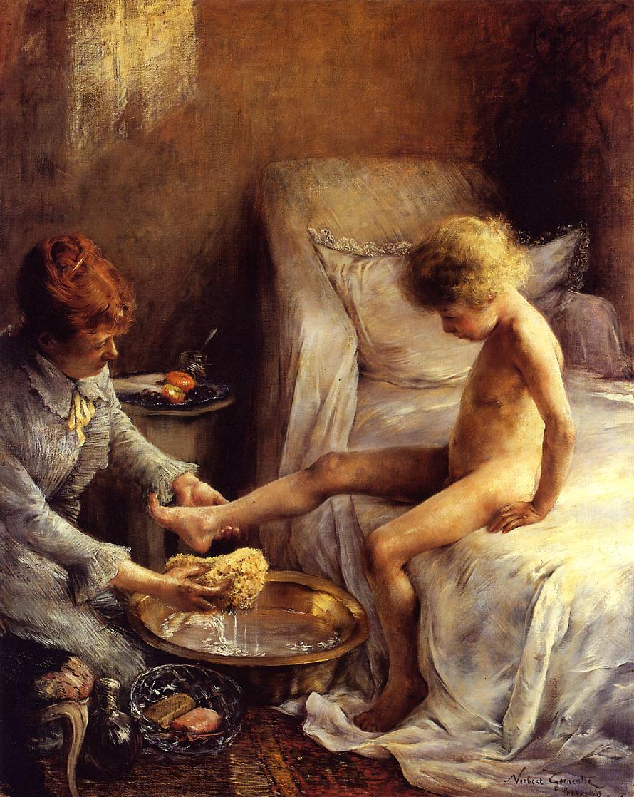 Reine Gœneutte lavant le jeune Jean Guérard dans le studio de l'artiste - Norbert Gœneutte image 1 reproduction de peinture à l’huile